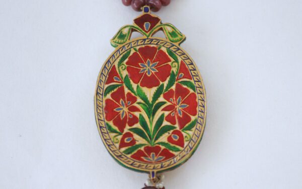 Old Pendant with Big African Ruby, Uncut Polki & Enamel, Stringed in Ruby Mala - Image 4