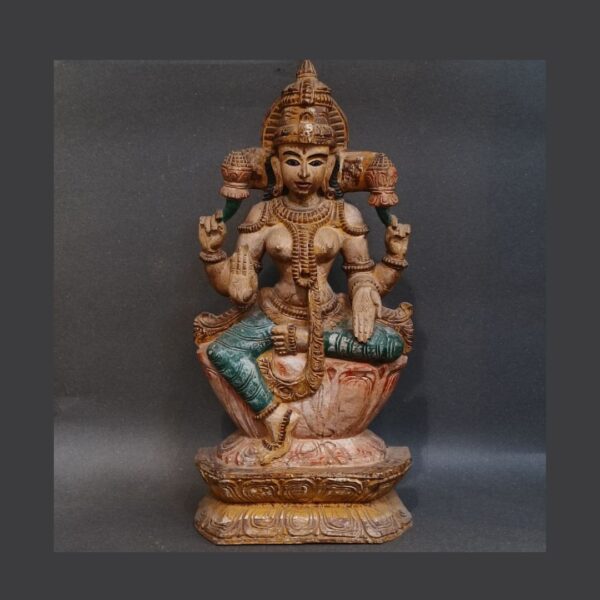 VIntage Handcrafted Wooden Goddess Lakshmi Statue – Traditional Indian Art (24.4" H)