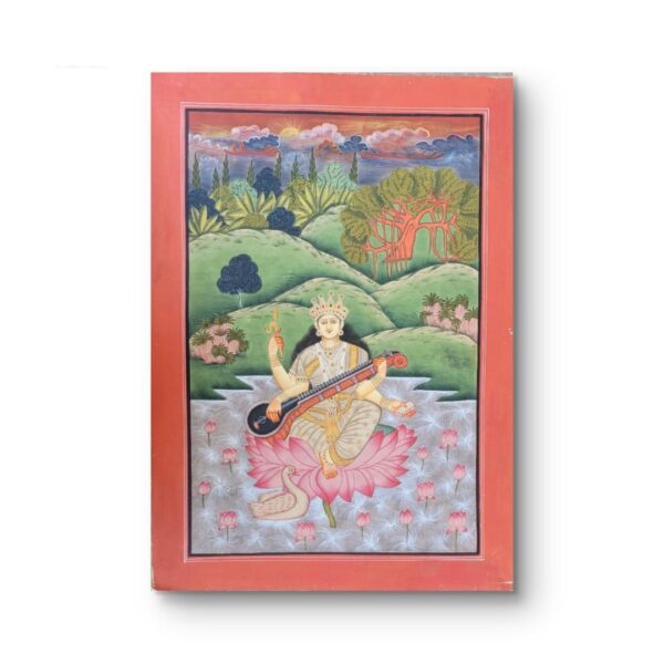 Vintage Hand-Painted Saraswati Artwork | Natural Stone Pigment | 19 x 15.5 in