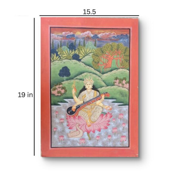 Vintage Hand-Painted Saraswati Artwork | Natural Stone Pigment | 19 x 15.5 in - Image 2