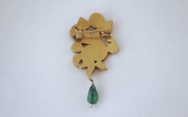 Vintage Gold-Tone Brooch with Carved Emeralds, Rubies & Raw Emerald Drop – Mughal-Inspired Craftsmanship - Image 2