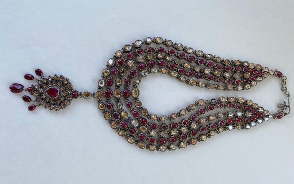 Multi-Layered Necklace with Red Rubies & Uncut Diamonds, Silver Front & Gold Back - Image 2