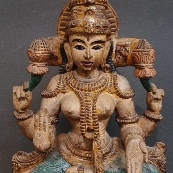 VIntage Handcrafted Wooden Goddess Lakshmi Statue – Traditional Indian Art (24.4" H) - Image 4