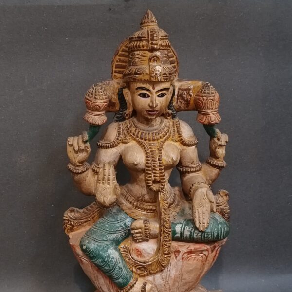 VIntage Handcrafted Wooden Goddess Lakshmi Statue – Traditional Indian Art (24.4" H) - Image 2
