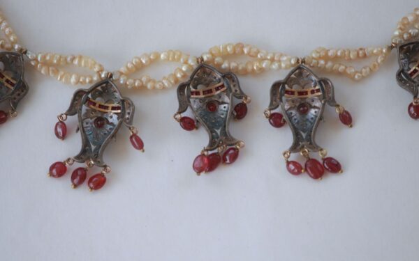 Victorian Fish Necklace and Earrings With Diamonds and Rubies Stringed in Basra Pearls - Image 4