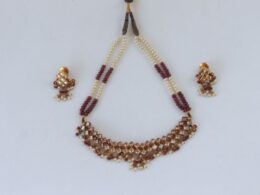 Vintage Necklace and Earrings With Kundan Stones Stringed In Ruby Beads and Natural pearls