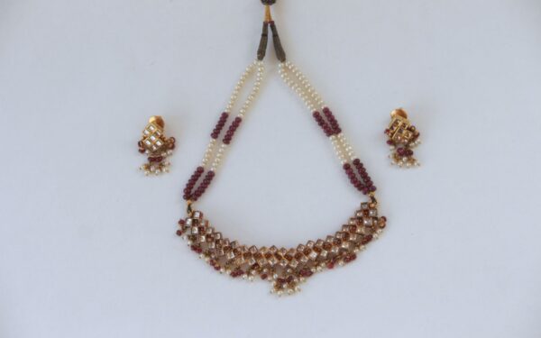 Vintage Necklace and Earrings With Kundan Stones Stringed In Ruby Beads and Natural pearls