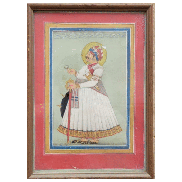 Antique Framed Mughal Miniature Painting – Portrait of a Regal King (14.5 x 11.5 in) - Image 2
