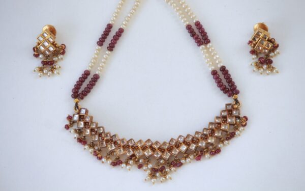 Vintage Necklace and Earrings With Kundan Stones Stringed In Ruby Beads and Natural pearls - Image 7