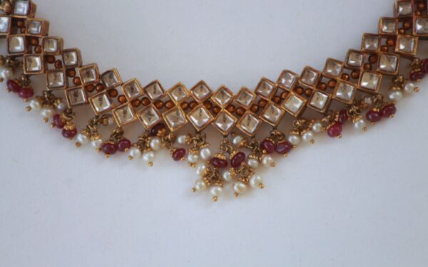 Vintage Necklace and Earrings With Kundan Stones Stringed In Ruby Beads and Natural pearls - Image 8