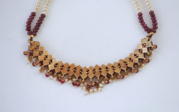 Vintage Necklace and Earrings With Kundan Stones Stringed In Ruby Beads and Natural pearls - Image 2