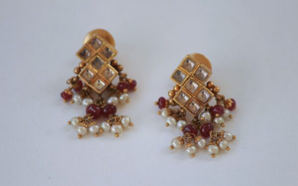 Vintage Necklace and Earrings With Kundan Stones Stringed In Ruby Beads and Natural pearls - Image 3