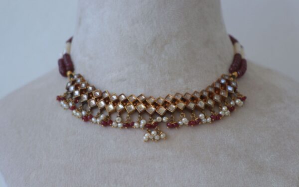 Vintage Necklace and Earrings With Kundan Stones Stringed In Ruby Beads and Natural pearls - Image 4