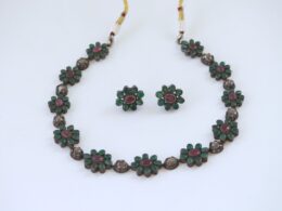 Silver Necklace and Earrings with Emeralds, Burmese Rubies and Rosecut Diamonds