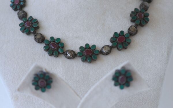 Silver Necklace and Earrings with Emeralds, Burmese Rubies and Rosecut Diamonds - Image 4