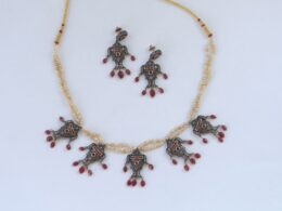 Victorian Fish Necklace and Earrings With Diamonds and Rubies Stringed in Basra Pearls