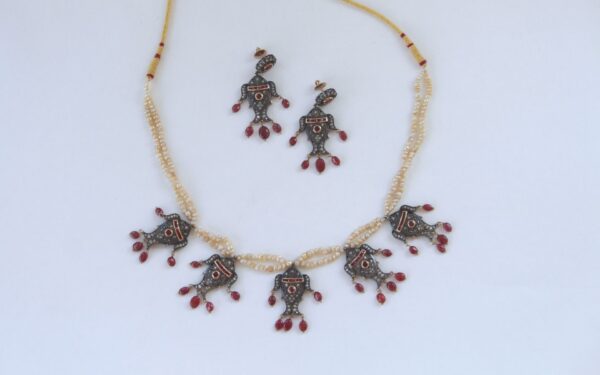 Victorian Fish Necklace and Earrings With Diamonds and Rubies Stringed in Basra Pearls