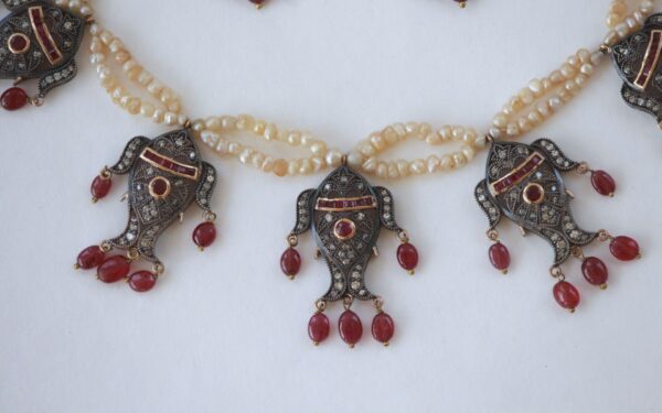 Victorian Fish Necklace and Earrings With Diamonds and Rubies Stringed in Basra Pearls - Image 2