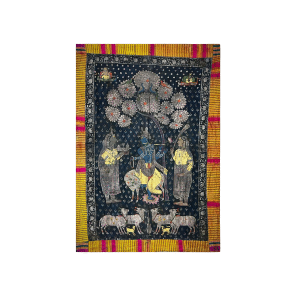 19th Century Pichwai Painting on Cloth – Krishna Seated on a Cow with Gold & Silver Leaf Work