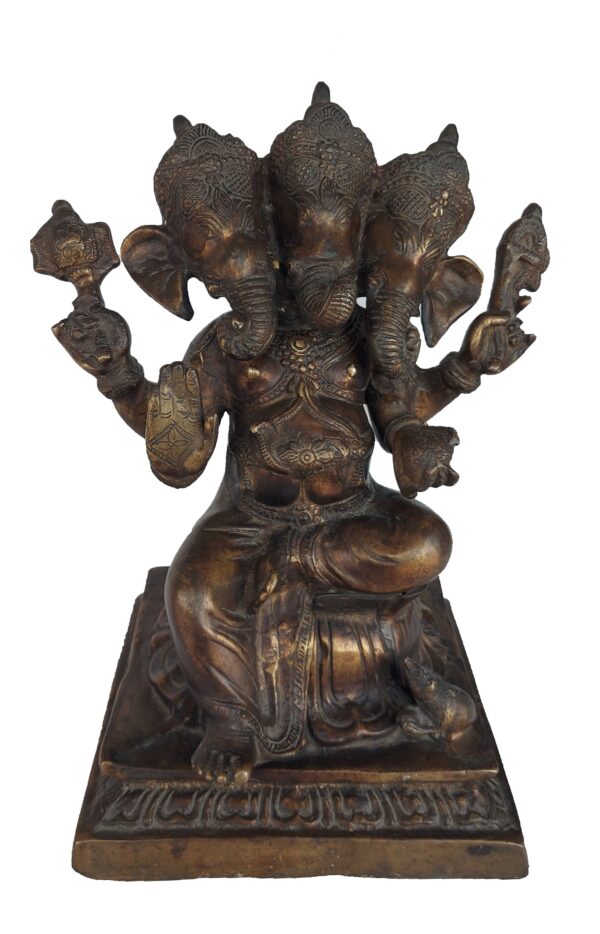 Three Face Ganesh Ji Statue Handmade Brass Metal Murti Sculpture - Image 4