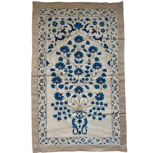990s Vintage Mughal Design Textile Panel – Hand-Embroidered in Blue & Ivory (2.5 x 1.5 ft) - Image 4
