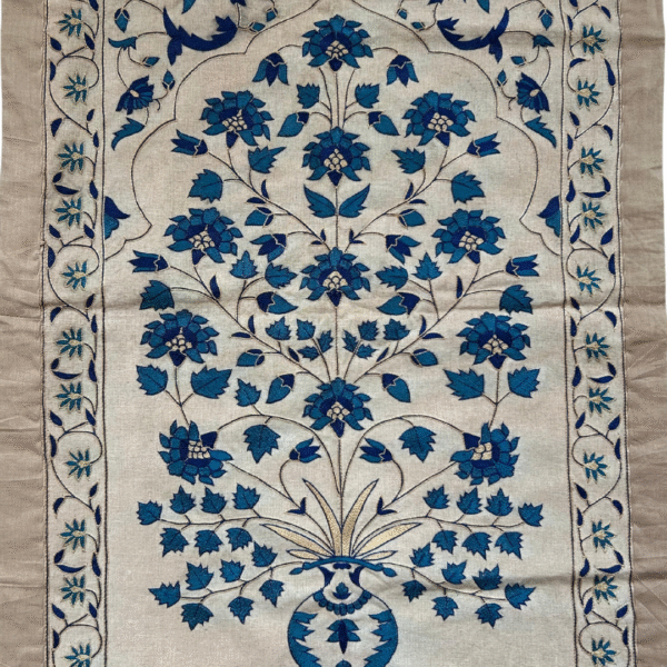 990s Vintage Mughal Design Textile Panel – Hand-Embroidered in Blue & Ivory (2.5 x 1.5 ft) - Image 3