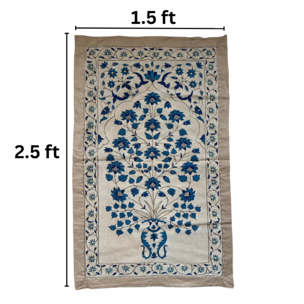 990s Vintage Mughal Design Textile Panel – Hand-Embroidered in Blue & Ivory (2.5 x 1.5 ft) - Image 2