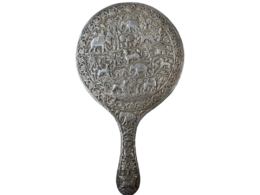 Antique Indian Hand-Carved Silver Hand Mirror with Figural & Floral Motifs